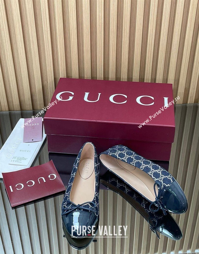 Gucci GG Strass Denim and Patent Leather Ballet Flats with Double G and Bow Dark Blue 2025 ‎835805 (MD-251021062)