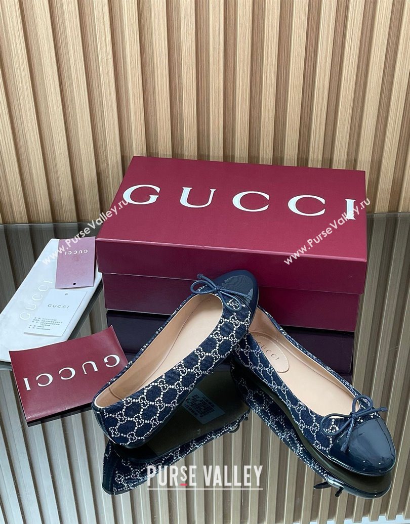 Gucci GG Strass Denim and Patent Leather Ballet Flats with Double G and Bow Dark Blue 2025 ‎835805 (MD-251021062)