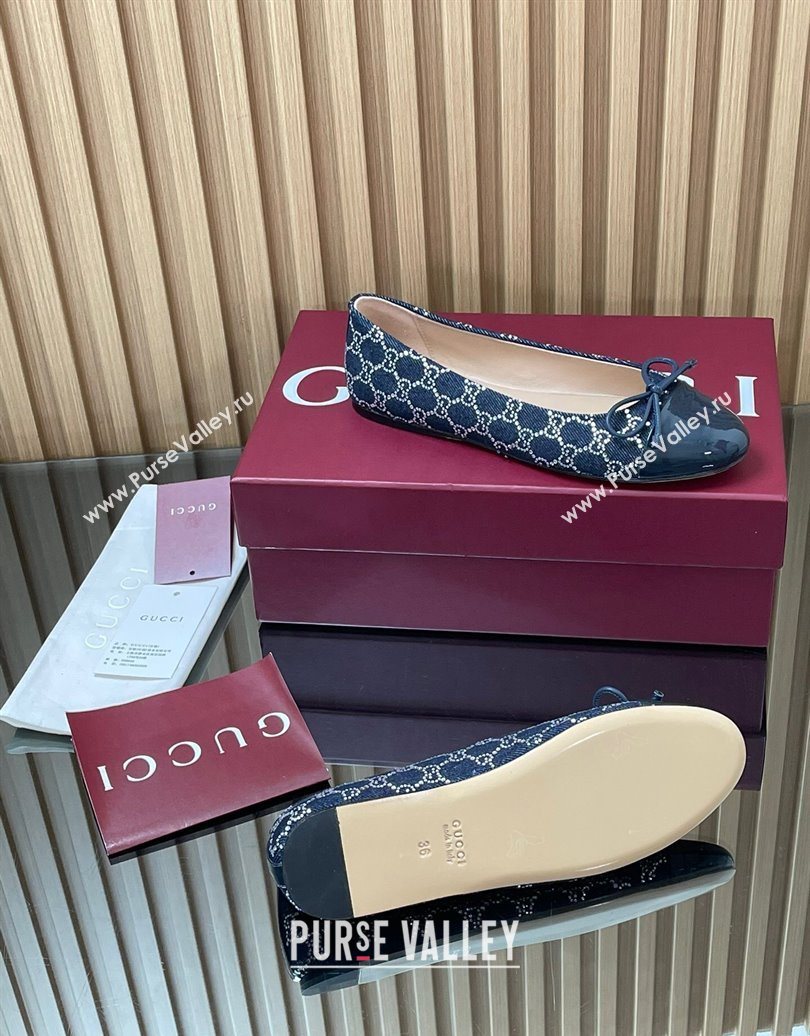 Gucci GG Strass Denim and Patent Leather Ballet Flats with Double G and Bow Dark Blue 2025 ‎835805 (MD-251021062)