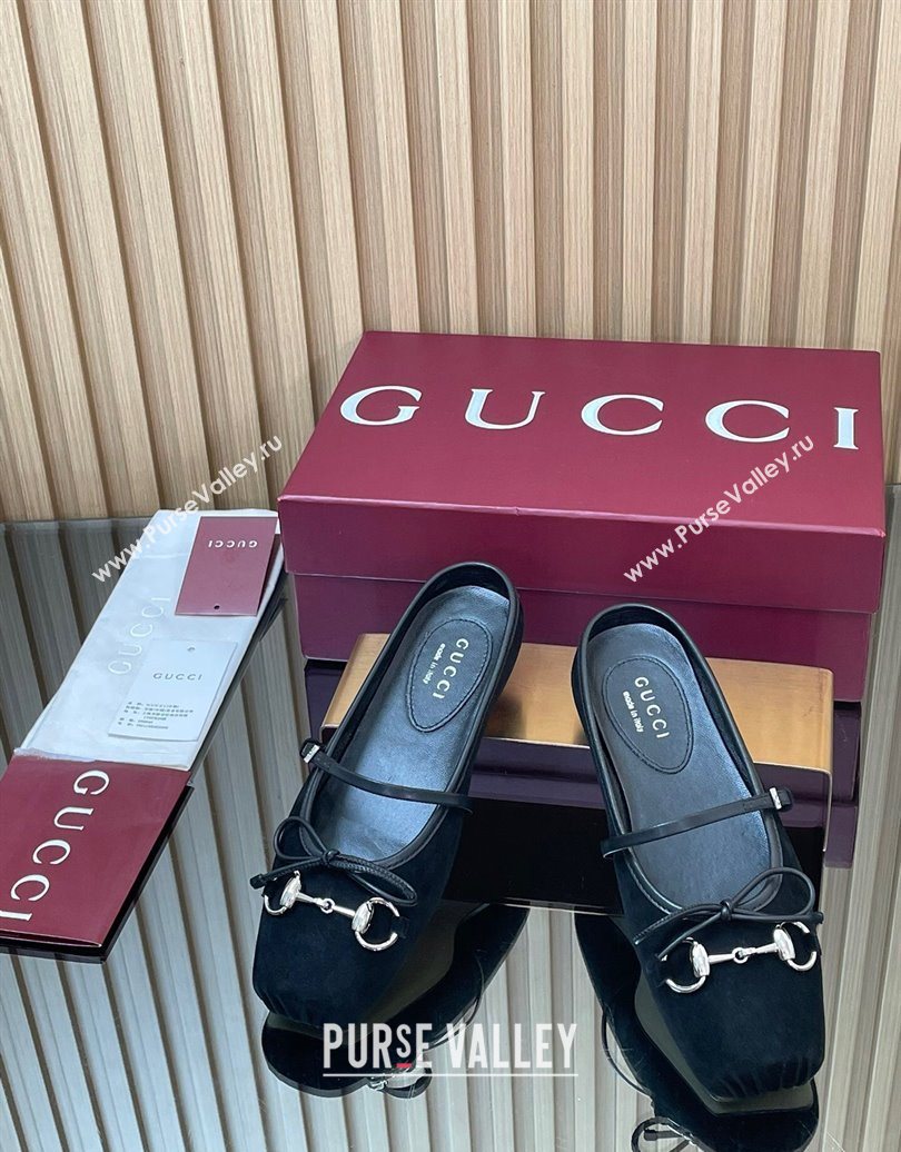 Gucci Horsebit Flat Mules in Suede Black 2025 850317 (MD-251021066)
