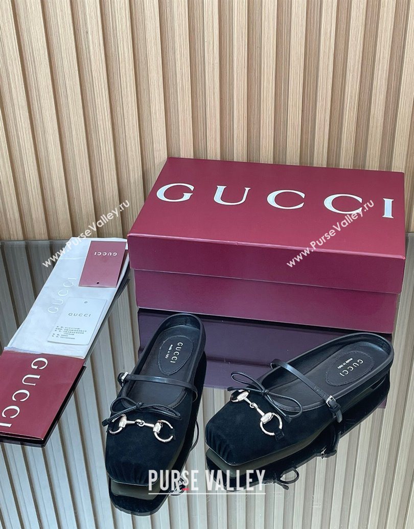 Gucci Horsebit Flat Mules in Suede Black 2025 850317 (MD-251021066)