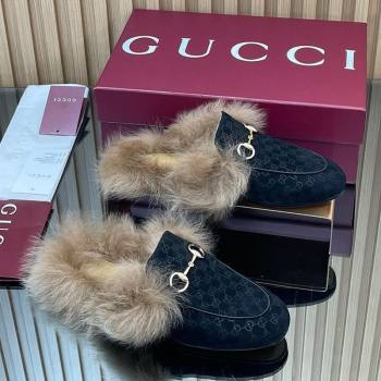 Gucci Jordaan GG Suede and Wool Flat Slipper with Horsebit Black 2025 GG102003 (MD-251020054)