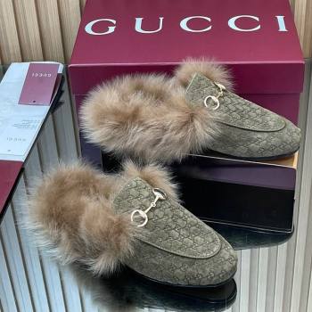 Gucci Jordaan GG Suede and Wool Flat Slipper with Horsebit Green 2025 GG102003 (MD-251020055)