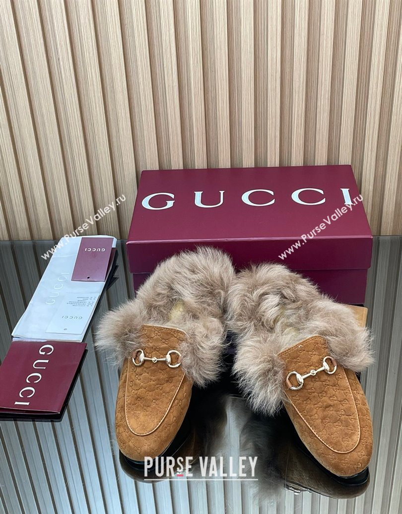 Gucci Jordaan GG Suede and Wool Flat Slippers with Horsebit Brown Yellow 2025 GG102003 (MD-251020056)