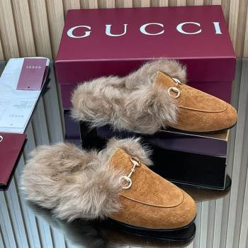 Gucci Jordaan GG Suede and Wool Flat Slippers with Horsebit Brown Yellow 2025 GG102003 (MD-251020056)