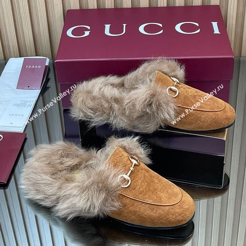 Gucci Jordaan GG Suede and Wool Flat Slippers with Horsebit Brown Yellow 2025 GG102003 (MD-251020056)