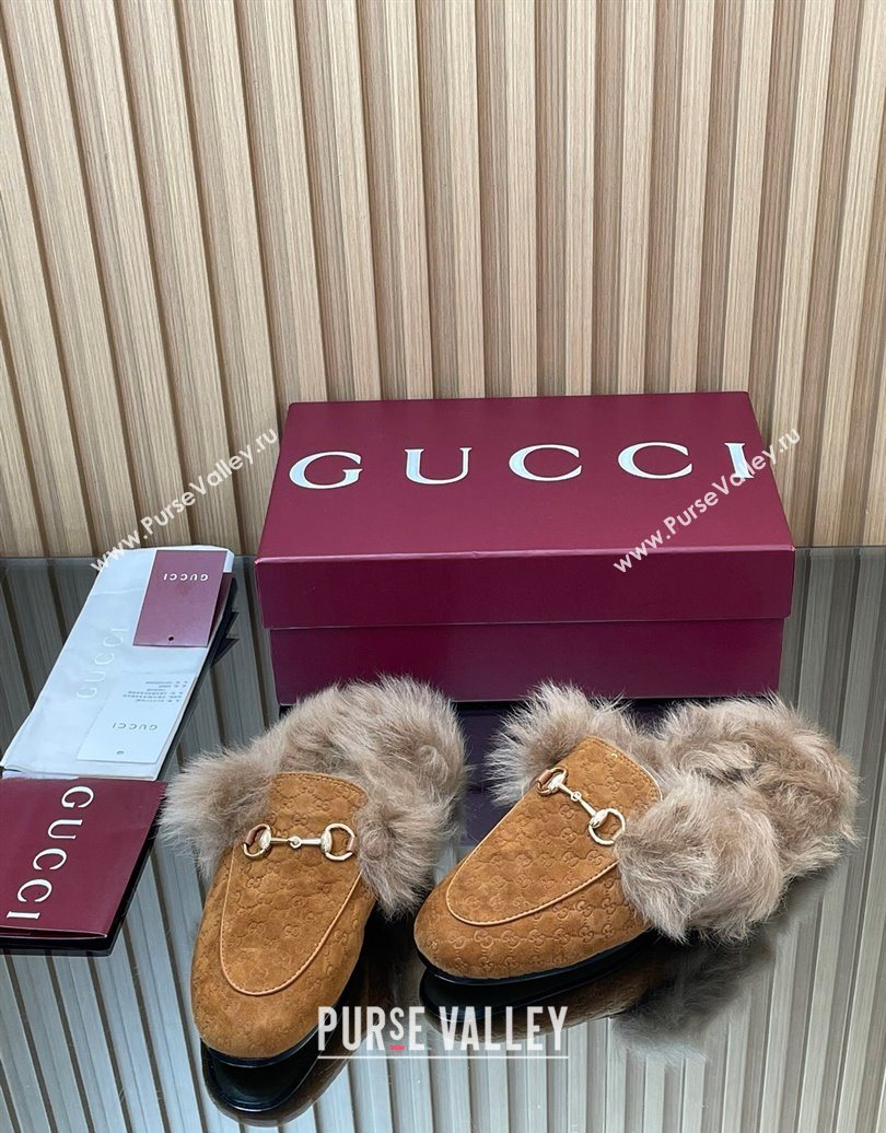 Gucci Jordaan GG Suede and Wool Flat Slippers with Horsebit Brown Yellow 2025 GG102003 (MD-251020056)