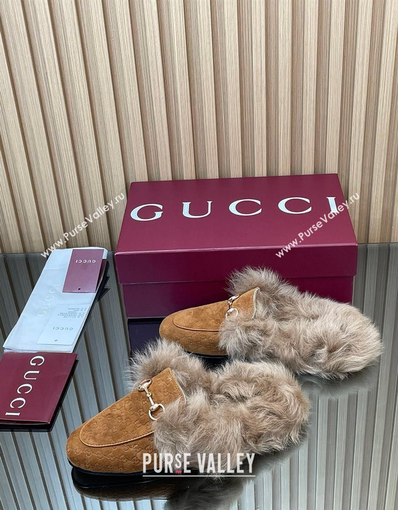 Gucci Jordaan GG Suede and Wool Flat Slippers with Horsebit Brown Yellow 2025 GG102003 (MD-251020056)