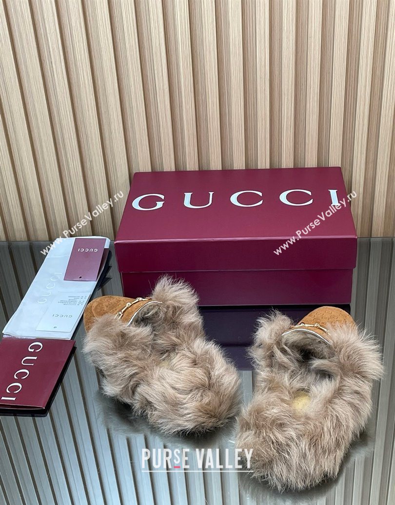 Gucci Jordaan GG Suede and Wool Flat Slippers with Horsebit Brown Yellow 2025 GG102003 (MD-251020056)