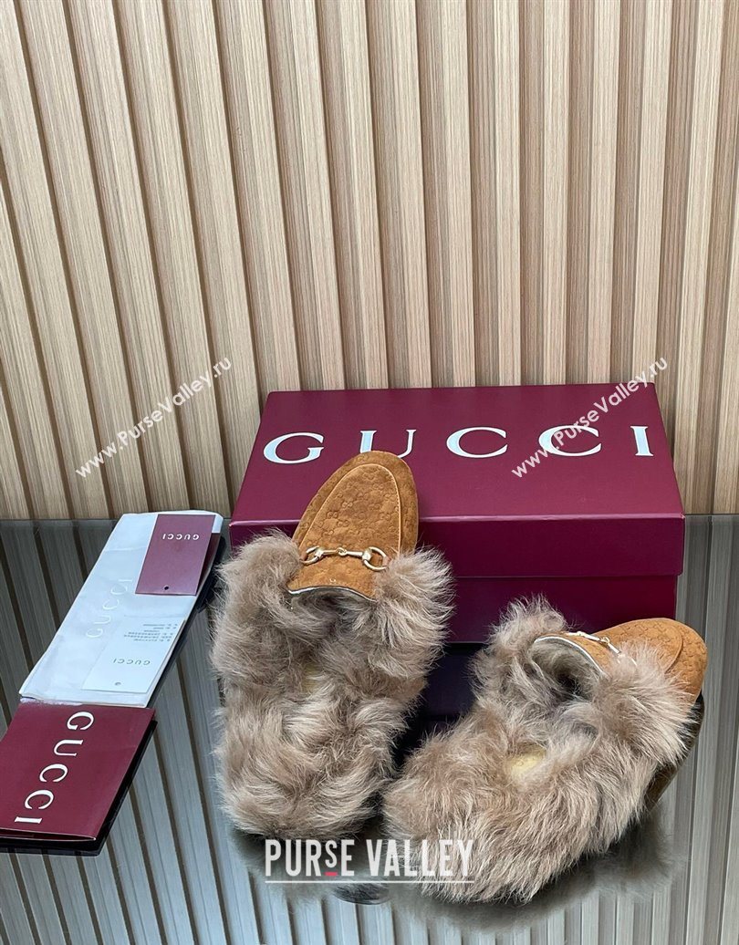 Gucci Jordaan GG Suede and Wool Flat Slippers with Horsebit Brown Yellow 2025 GG102003 (MD-251020056)