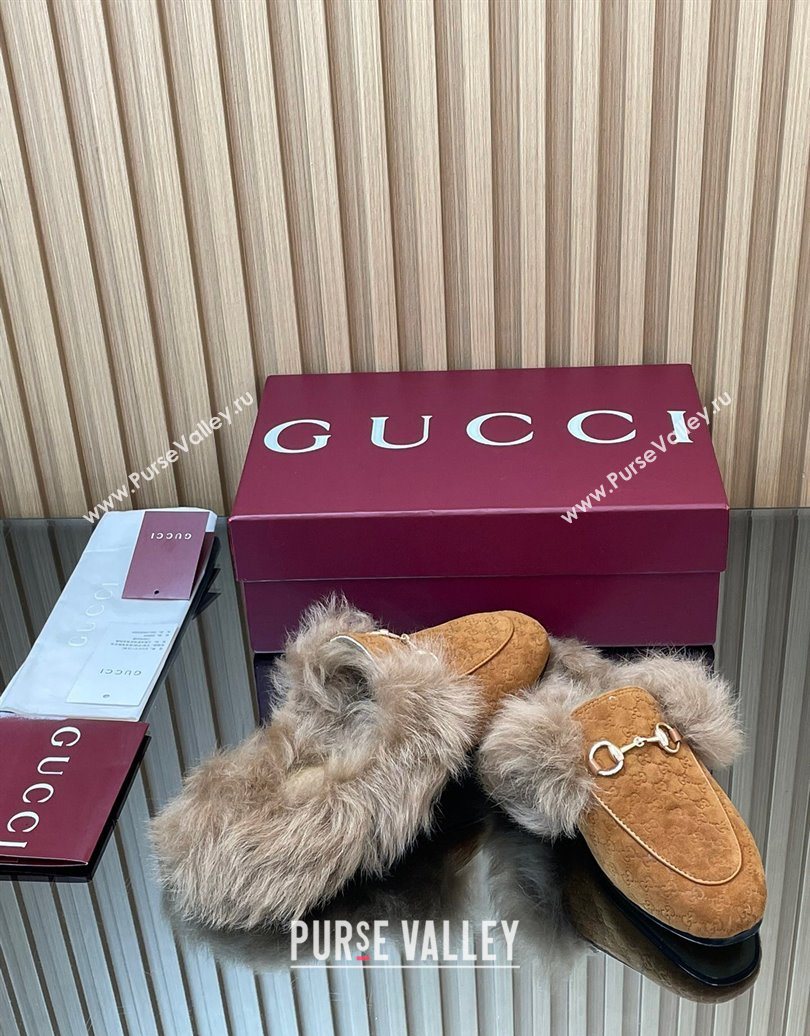 Gucci Jordaan GG Suede and Wool Flat Slippers with Horsebit Brown Yellow 2025 GG102003 (MD-251020056)
