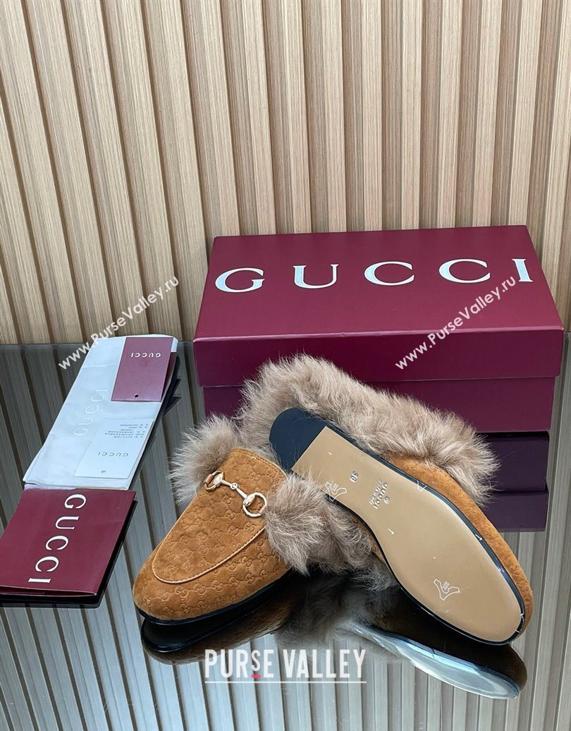 Gucci Jordaan GG Suede and Wool Flat Slippers with Horsebit Brown Yellow 2025 GG102003 (MD-251020056)