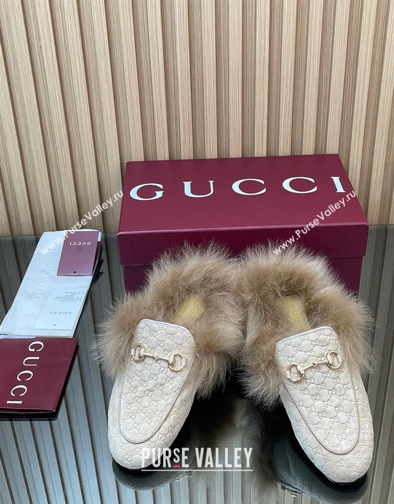Gucci Jordaan GG Suede and Wool Flat Slippers with Horsebit Pale Grey 2025 GG102003 (MD-251020057)