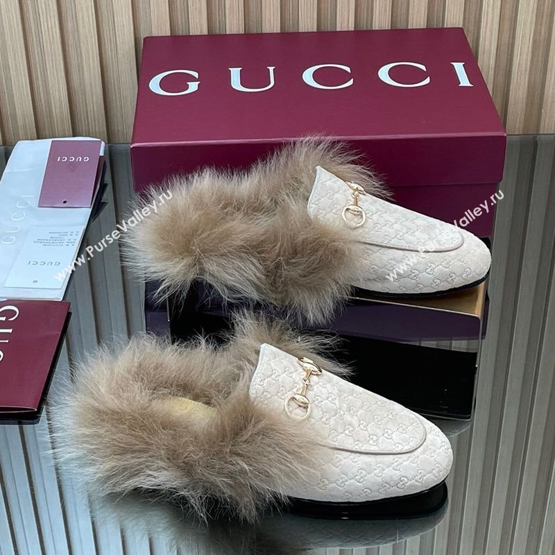 Gucci Jordaan GG Suede and Wool Flat Slippers with Horsebit Pale Grey 2025 GG102003 (MD-251020057)