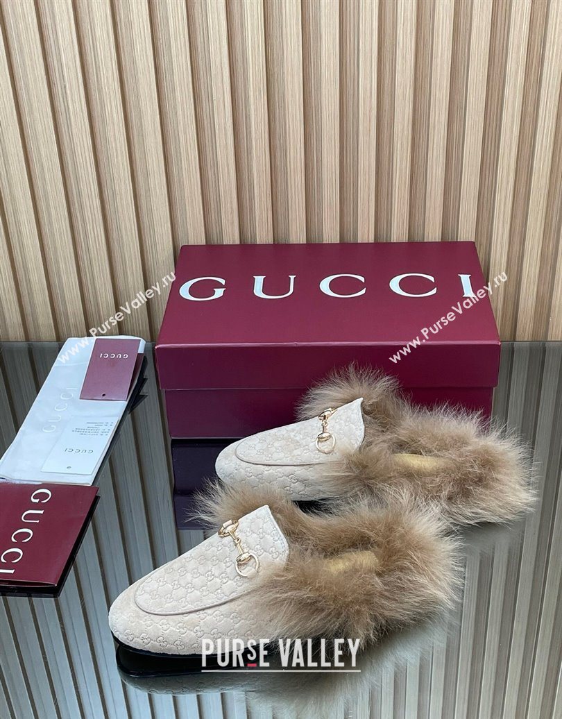 Gucci Jordaan GG Suede and Wool Flat Slippers with Horsebit Pale Grey 2025 GG102003 (MD-251020057)