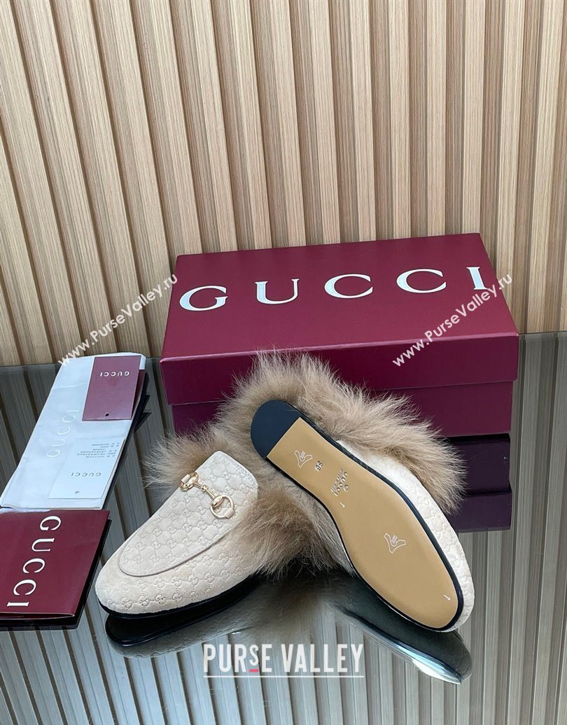 Gucci Jordaan GG Suede and Wool Flat Slippers with Horsebit Pale Grey 2025 GG102003 (MD-251020057)