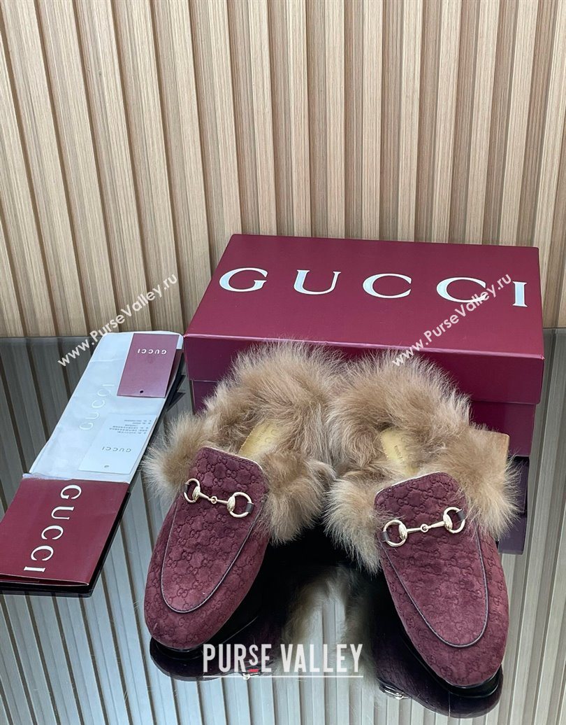 Gucci Jordaan GG Suede and Wool Flat Slipper with Horsebit Burgundy 2025 GG102003 (MD-251020059)