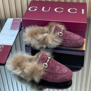 Gucci Jordaan GG Suede and Wool Flat Slipper with Horsebit Burgundy 2025 GG102003 (MD-251020059)