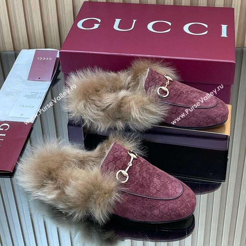 Gucci Jordaan GG Suede and Wool Flat Slipper with Horsebit Burgundy 2025 GG102003 (MD-251020059)