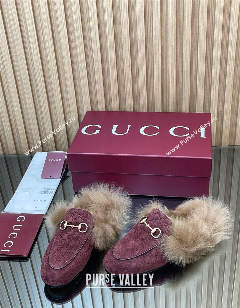Gucci Jordaan GG Suede and Wool Flat Slipper with Horsebit Burgundy 2025 GG102003 (MD-251020059)