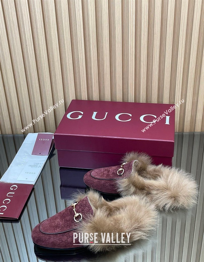 Gucci Jordaan GG Suede and Wool Flat Slipper with Horsebit Burgundy 2025 GG102003 (MD-251020059)