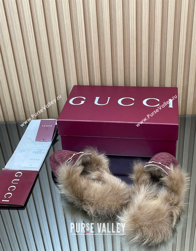 Gucci Jordaan GG Suede and Wool Flat Slipper with Horsebit Burgundy 2025 GG102003 (MD-251020059)