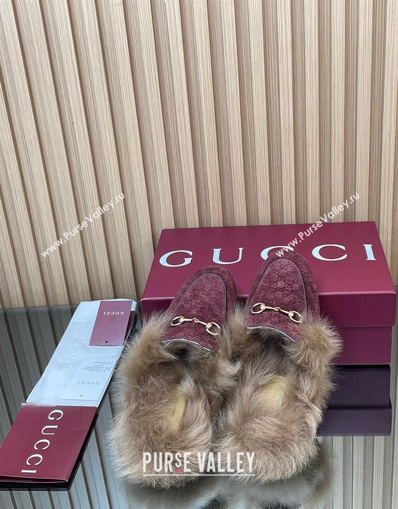 Gucci Jordaan GG Suede and Wool Flat Slipper with Horsebit Burgundy 2025 GG102003 (MD-251020059)
