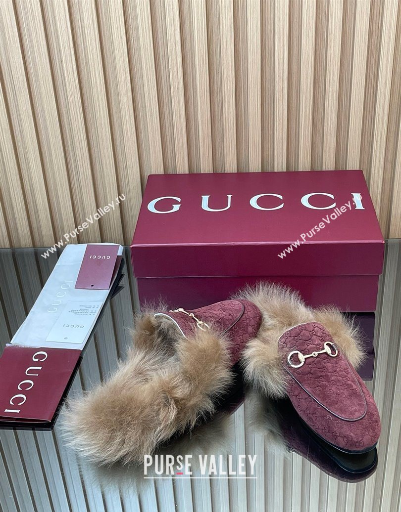 Gucci Jordaan GG Suede and Wool Flat Slipper with Horsebit Burgundy 2025 GG102003 (MD-251020059)