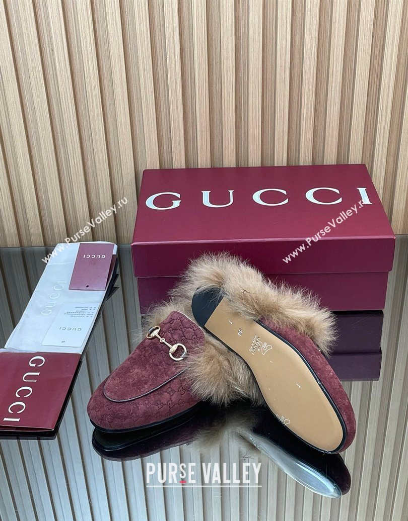 Gucci Jordaan GG Suede and Wool Flat Slipper with Horsebit Burgundy 2025 GG102003 (MD-251020059)