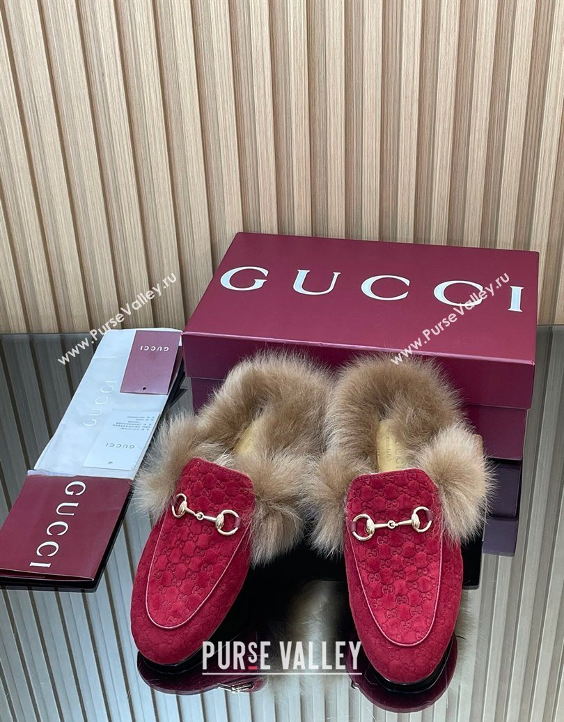 Gucci Jordaan GG Suede and Wool Flat Slipper with Horsebit Red 2025 GG102003 (MD-251020060)