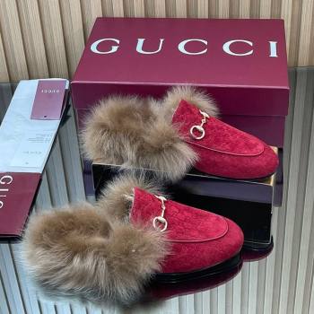 Gucci Jordaan GG Suede and Wool Flat Slipper with Horsebit Red 2025 GG102003 (MD-251020060)