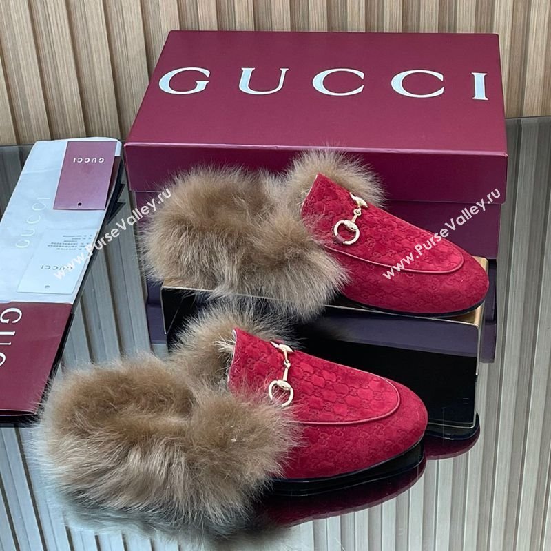 Gucci Jordaan GG Suede and Wool Flat Slipper with Horsebit Red 2025 GG102003 (MD-251020060)