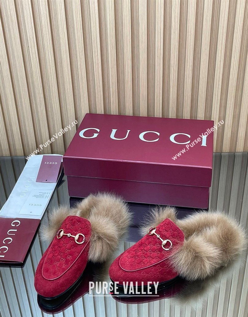 Gucci Jordaan GG Suede and Wool Flat Slipper with Horsebit Red 2025 GG102003 (MD-251020060)