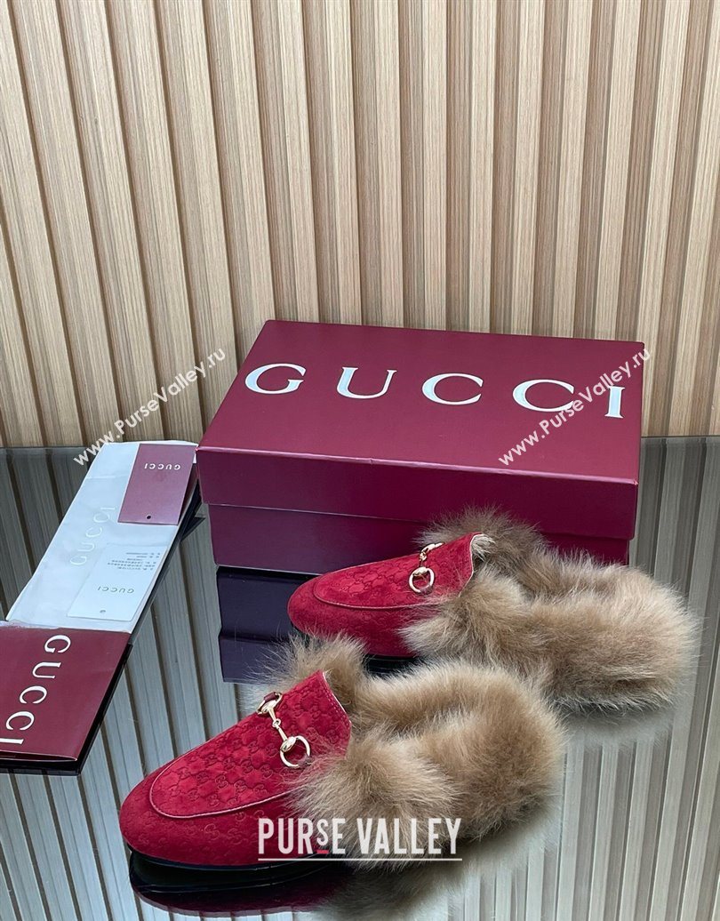 Gucci Jordaan GG Suede and Wool Flat Slipper with Horsebit Red 2025 GG102003 (MD-251020060)