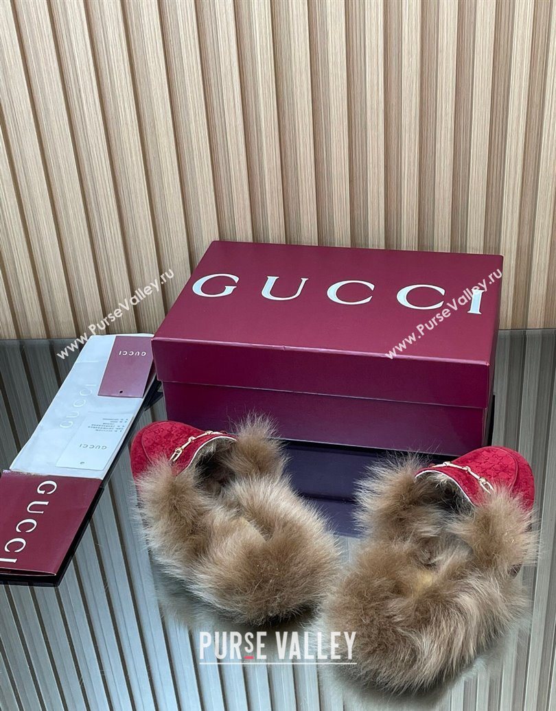 Gucci Jordaan GG Suede and Wool Flat Slipper with Horsebit Red 2025 GG102003 (MD-251020060)