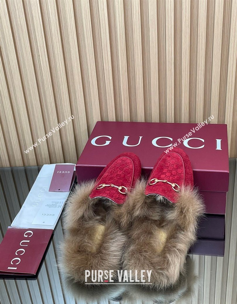 Gucci Jordaan GG Suede and Wool Flat Slipper with Horsebit Red 2025 GG102003 (MD-251020060)