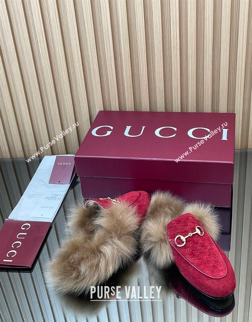 Gucci Jordaan GG Suede and Wool Flat Slipper with Horsebit Red 2025 GG102003 (MD-251020060)