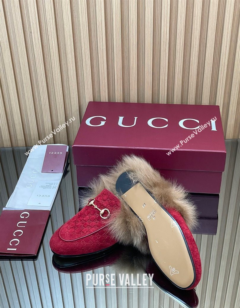 Gucci Jordaan GG Suede and Wool Flat Slipper with Horsebit Red 2025 GG102003 (MD-251020060)