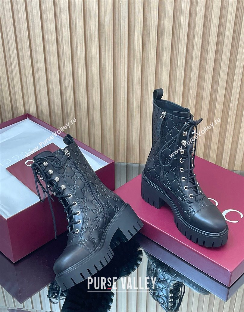 Gucci GG Leather Lace-up Ankle Boots 6cm Black 2025 840739 (MD-251021072)