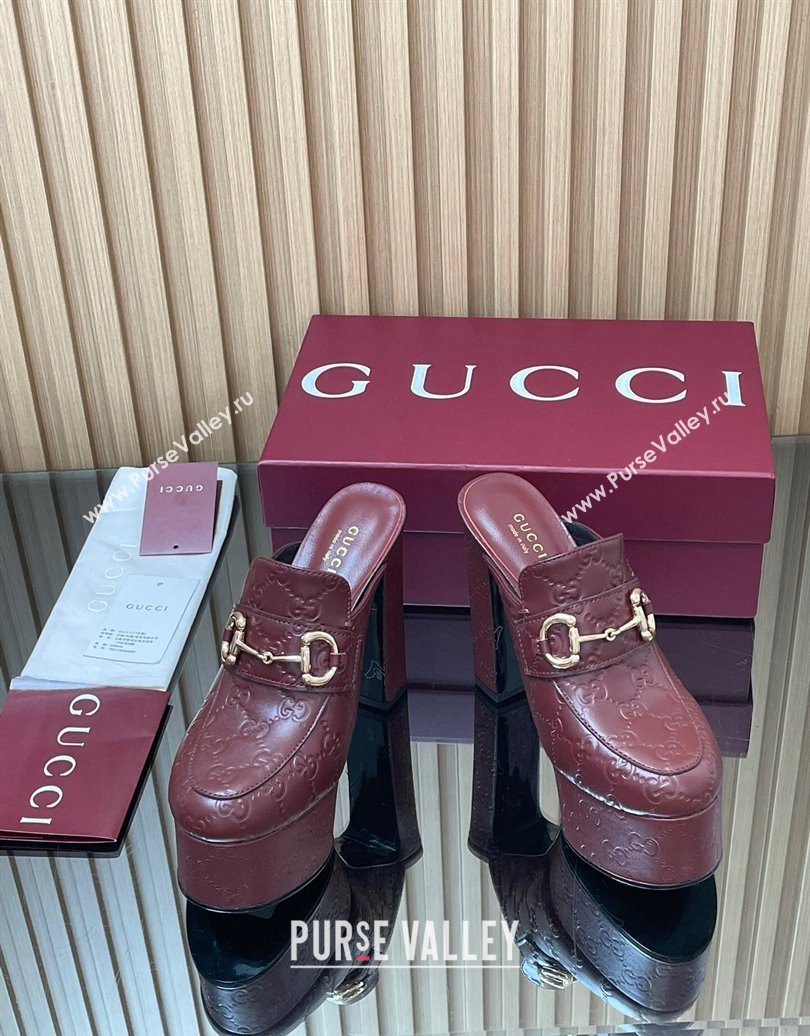 Gucci GG Leather Platform Mule 13.5cm with Horsebit 835315 Burgundy 2025 (MD-251021077)