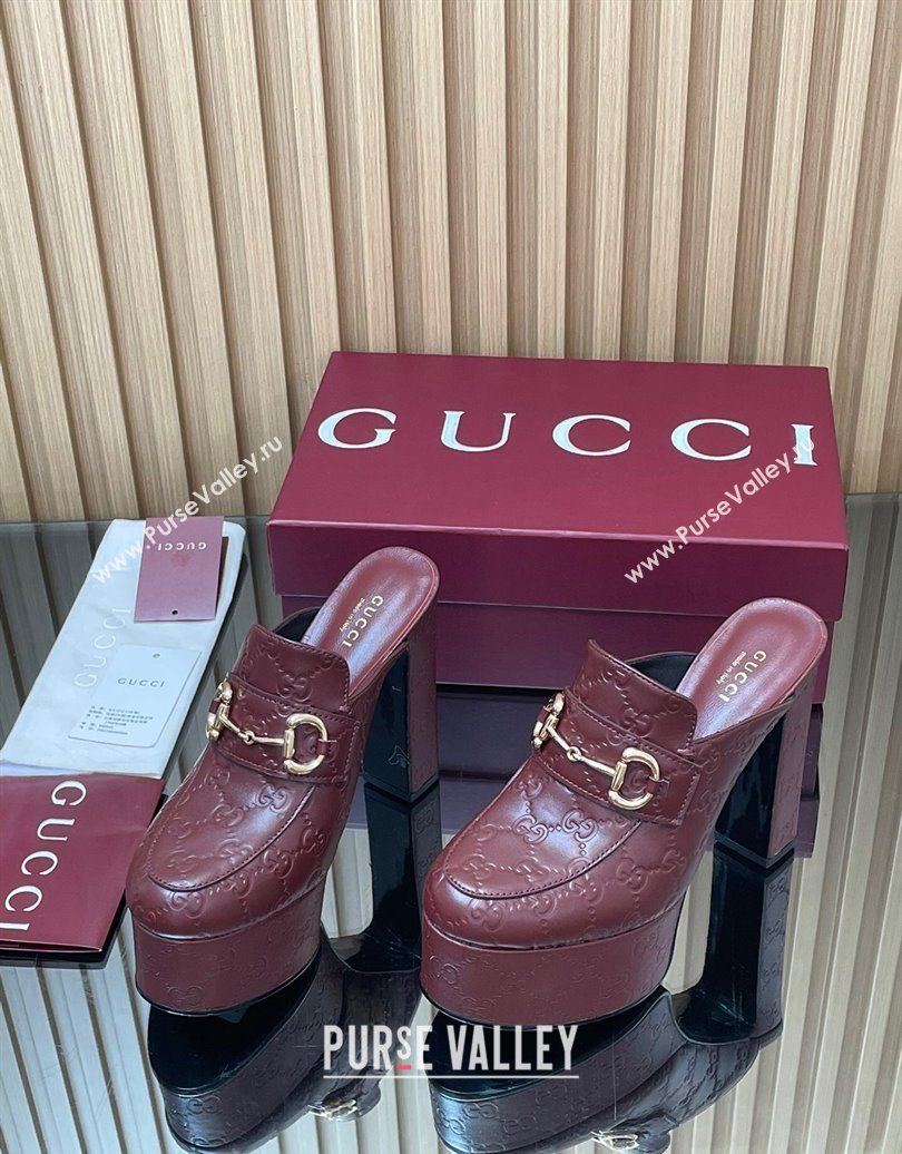 Gucci GG Leather Platform Mule 13.5cm with Horsebit 835315 Burgundy 2025 (MD-251021077)