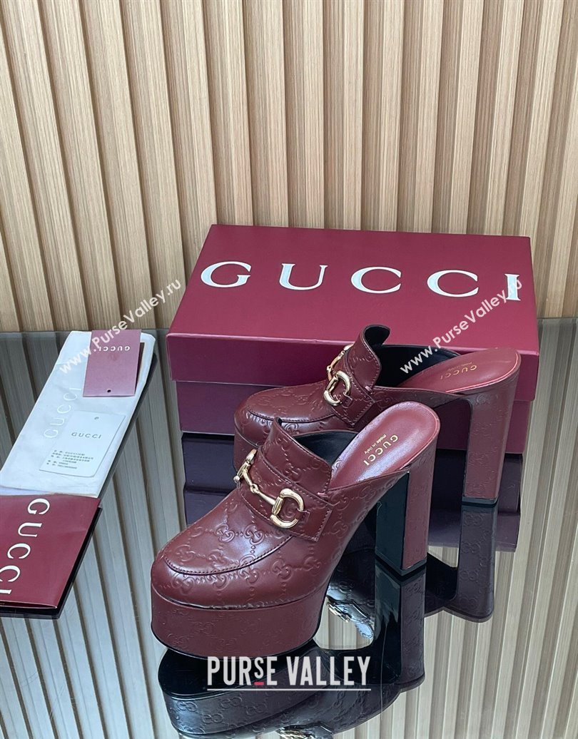 Gucci GG Leather Platform Mule 13.5cm with Horsebit 835315 Burgundy 2025 (MD-251021077)