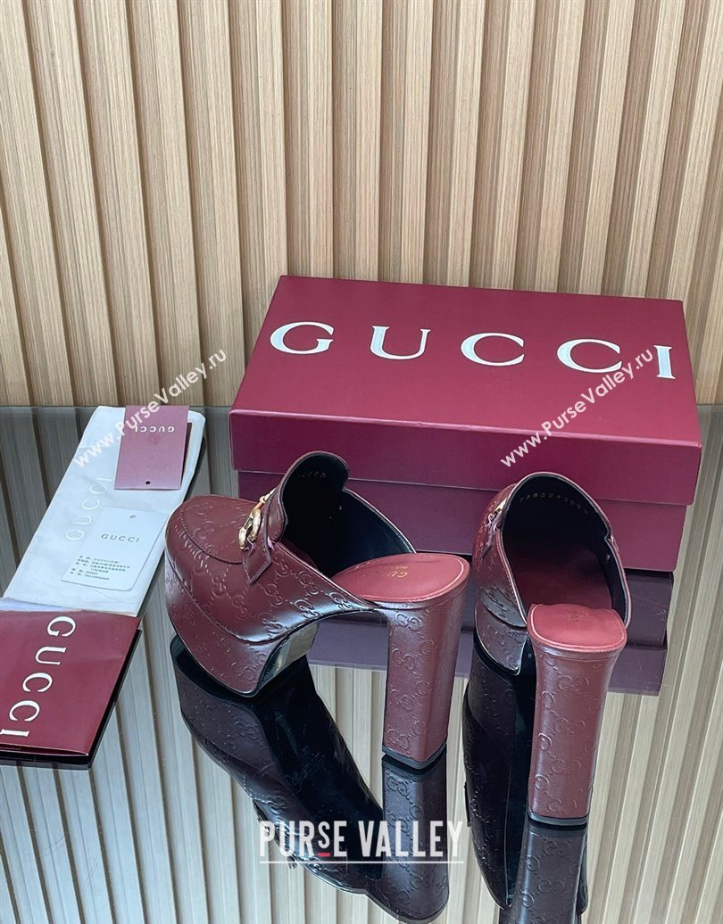 Gucci GG Leather Platform Mule 13.5cm with Horsebit 835315 Burgundy 2025 (MD-251021077)