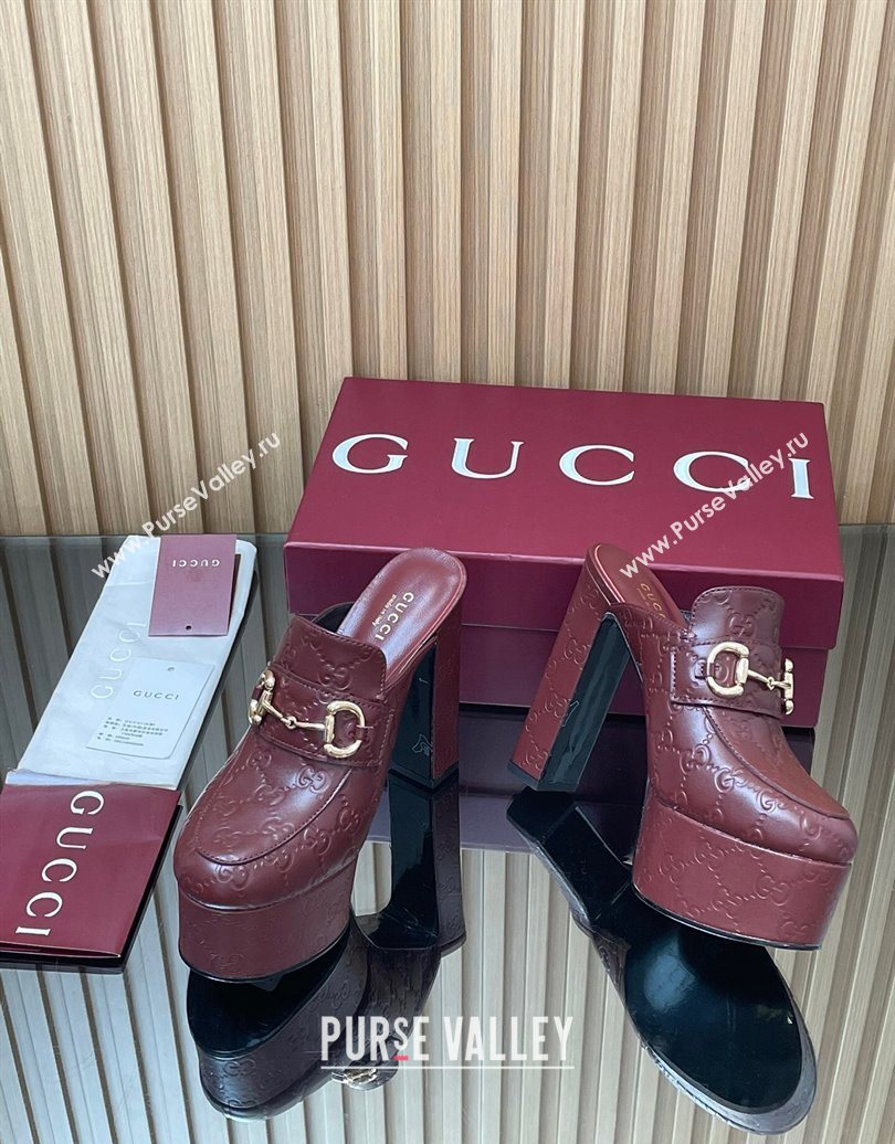 Gucci GG Leather Platform Mule 13.5cm with Horsebit 835315 Burgundy 2025 (MD-251021077)