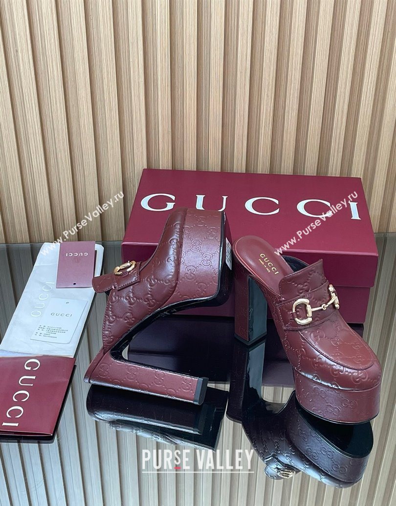 Gucci GG Leather Platform Mule 13.5cm with Horsebit 835315 Burgundy 2025 (MD-251021077)
