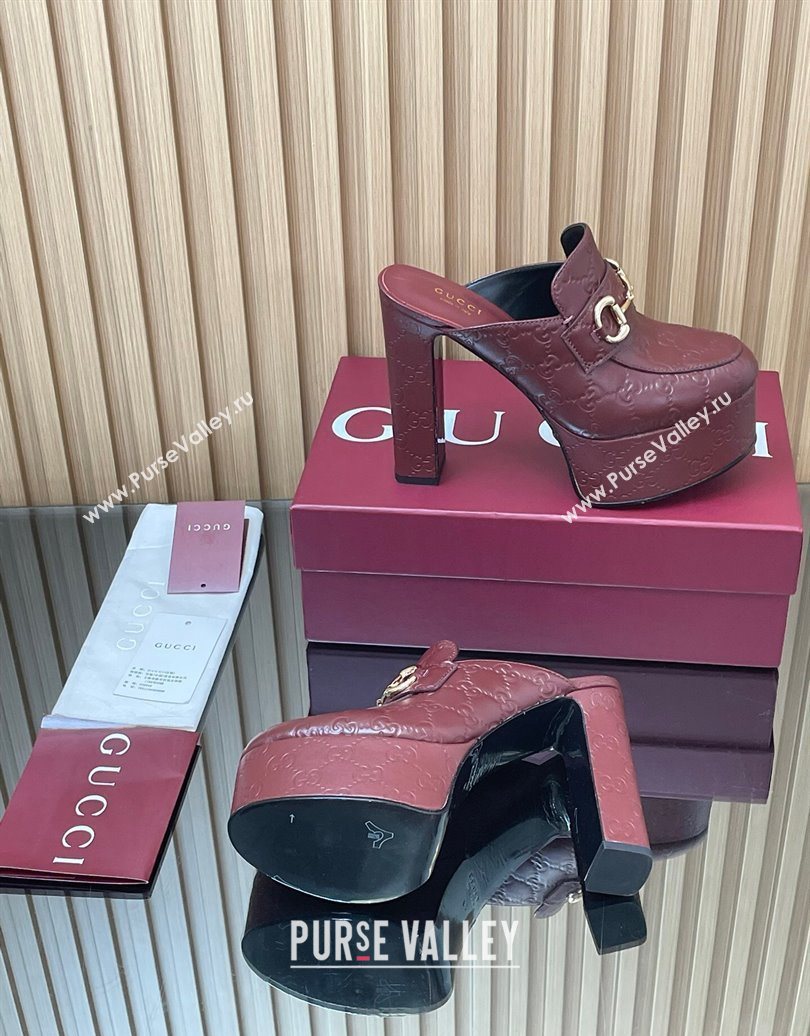 Gucci GG Leather Platform Mule 13.5cm with Horsebit 835315 Burgundy 2025 (MD-251021077)