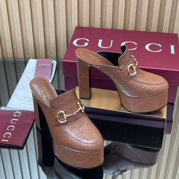 Gucci GG Leather Platform Mule 13.5cm with Horsebit 835315 Brown 2025 (MD-251021079)