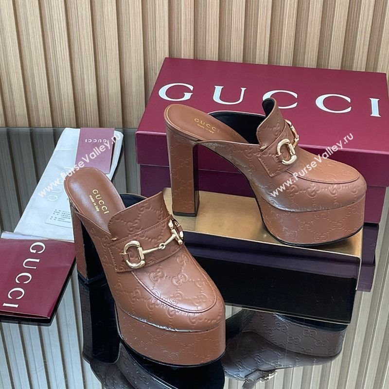 Gucci GG Leather Platform Mule 13.5cm with Horsebit 835315 Brown 2025 (MD-251021079)