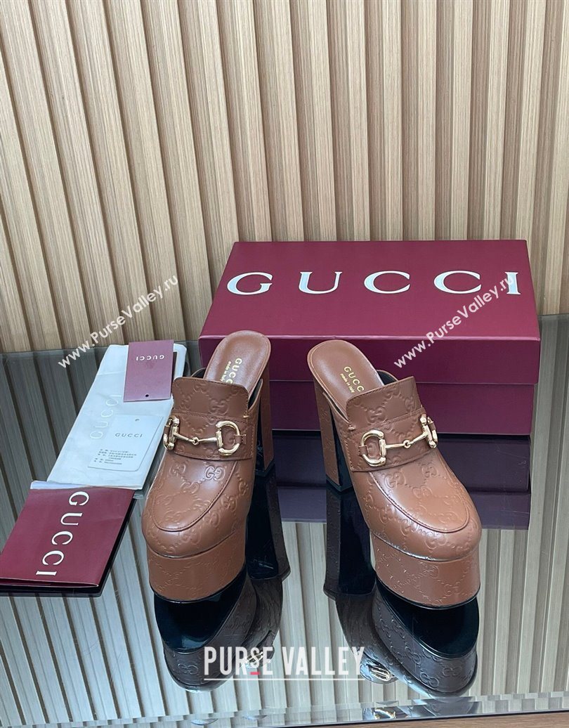 Gucci GG Leather Platform Mule 13.5cm with Horsebit 835315 Brown 2025 (MD-251021079)