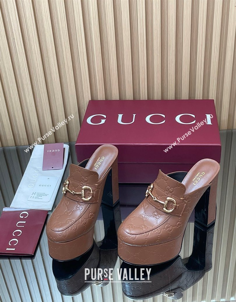 Gucci GG Leather Platform Mule 13.5cm with Horsebit 835315 Brown 2025 (MD-251021079)